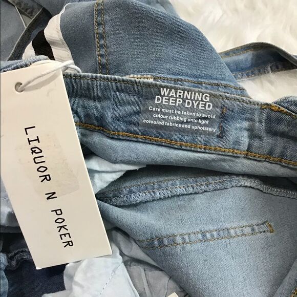 LIQUOR N POKER Blue Nevada With Blk/Wht Side Stripes Stonewashed Overalls Unisex - Picture 11 of 13